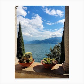 Italy lake como view from a villa on Varenna beautiful lake with cypris trees and palms ancient Canvas Print