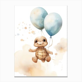 Baby Turtle Flying With Ballons, Watercolour Nursery Art 2 Canvas Print