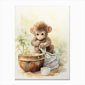 Monkey Painting Knitting Watercolour 3 Canvas Print