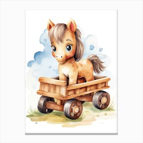 Pony On A Toy Car, Watercolour Nursery 3 Canvas Print