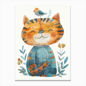 Small Joyful Tiger With A Bird On Its Head 1 Canvas Print