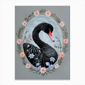 Black Swan with Floral Frame. Nursery Illustration, Kids Room Canvas Print