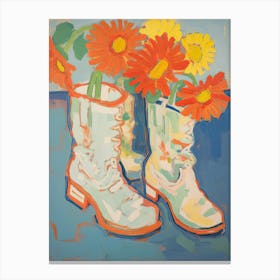 Painting Of Red Flowers And Cowboy Boots, Oil Style 10 Canvas Print