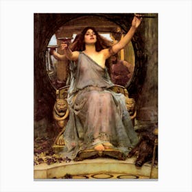 Circe Offering the Cup to Ulysses by John William Waterhouse - Pagan Witchy Goddess Remastered Dreamy Oil Painting Waterhouse's Woman on Throne with Mirror in the Background Famous Pre-Raphaelite Mythological Legend Canvas Print