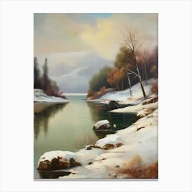 Ancient landscapes, old winter oil paintings and rocks around the lake bank. Snow is falling on the lake, old colors.13 Canvas Print