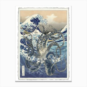 Kraken And The Great Wave - Japanese Print Parody Canvas Print