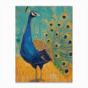 Blue Mustard Peacock In The Grass Linocut Inspired 3 Canvas Print