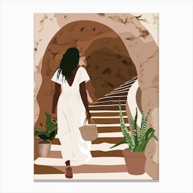 Woman In White Walking Down The Stairs Canvas Print