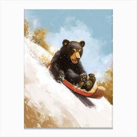 American Black Bear Cub Sledding Down A Snowy Hill Storybook Illustration 2 Canvas Print