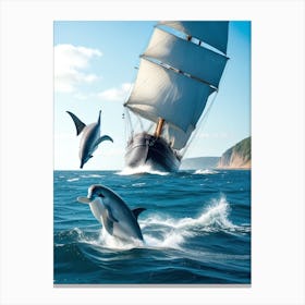 Dolphins and a Ship Canvas Print