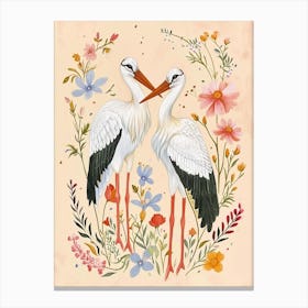 Folksy Floral Animal Drawing Crane 3 Canvas Print