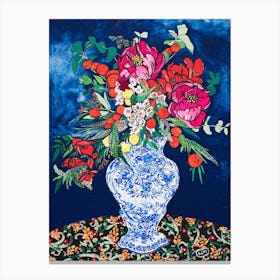 Winter Floral Peony Bouquet On Dark Navy Blue Canvas Print