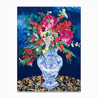 Winter Floral Peony Bouquet On Dark Navy Blue Canvas Print