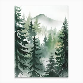 Minimalist Watercolor Art: Foggy forest with tall pines and a distant mountain, evoking tranquility and natural beauty. Canvas Print