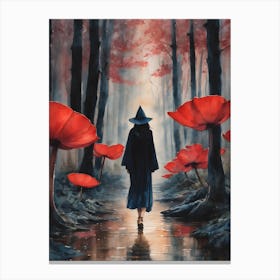 Witch Walking in Lotus Poppy Woods ~ Red Witchy Art Print of a Witch Wearing Black Cloak Strolling Through Enchanted Woods With Giant Fairytale Poppies Pink Forest ~ Trippy Psychedelic Witchcraft Artwork Mysterious Magical Witchcore Cottagecore Wonderland Woods Watercolor Canvas Print