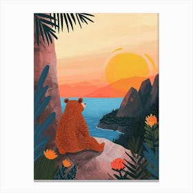 Sloth Bear Looking At A Sunset From A Mountaintop Storybook Illustration 3 Canvas Print
