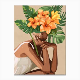 Woman with tropical flowers and leaves on the head 1 Canvas Print