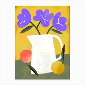 Flower Vase With Fruits In Yellow Kitchen Canvas Print