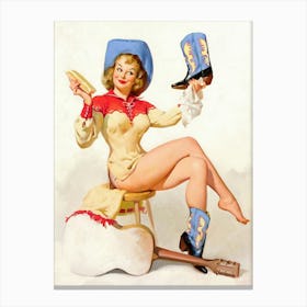 Cowgirl Polishing Boots, Vintage, Retro Western Aesthetic Canvas Print