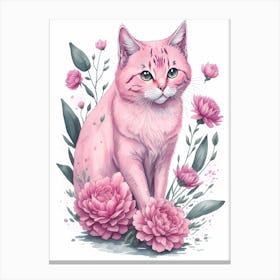 Pink Floral Cat Painting (2) Canvas Print