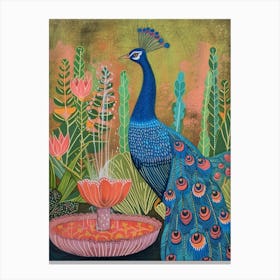 Folky Peacock In The Fountain 2 Canvas Print
