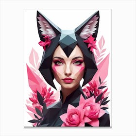 Low Poly Fox Girl,Black And Pink Flowers (26) Canvas Print