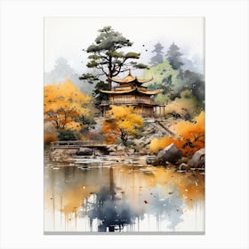 Kinkaku Ji (Golden Pavilion) In Kyoto, Japanese Brush Painting, Ukiyo E, Minimal 1 Canvas Print