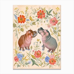 Folksy Floral Animal Drawing Hippo 2 Canvas Print