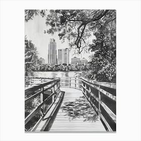 Lady Bird Lake And The Boardwalk Austin Texas Black And White Drawing 2 Canvas Print