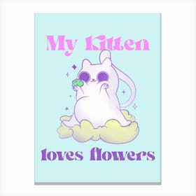 My Kitten Loves Flowers - Themed Design Maker With A Pastel Color Palette Illustrated Kitten - cat, cats, kitty, kitten, cute 1 Canvas Print