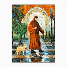 Mosaic Cat & Monk In Monestary Garden Canvas Print