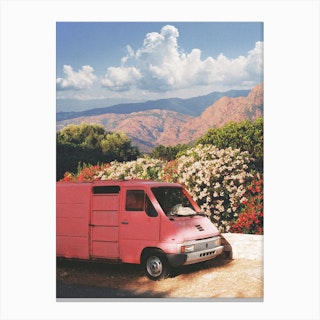 Pink Van With Flowers And Mountains Canvas Print