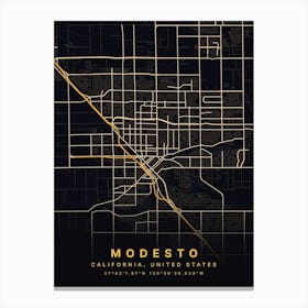 Modesto California USA Black And Gold Map Canvas Print