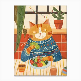 Tan Cat Eating A Salad Folk Illustration 1 Canvas Print