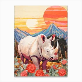 Patchwork Floral Rhino With Mountain In The Background 3 Canvas Print