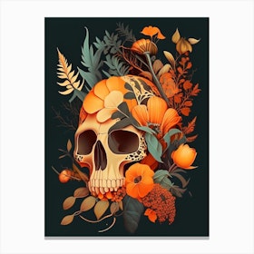 Skull With Floral Patterns 3 Orange Botanical Canvas Print