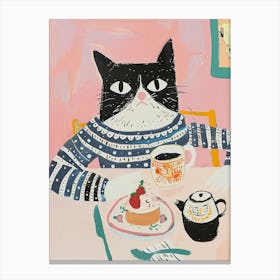 Black And White Cat Having Breakfast Folk Illustration 2 Canvas Print