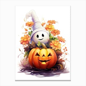 Cute Ghost With Pumpkins Halloween Watercolour 9 Canvas Print