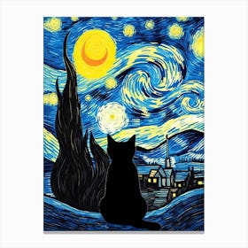 Van Gogh Starry Night Cat Looking Sky Painting Canvas Print