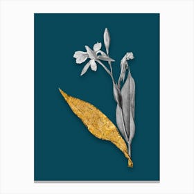Vintage Bandana of the Everglades Black and White Gold Leaf Floral Art on Teal Blue n.0288 Canvas Print