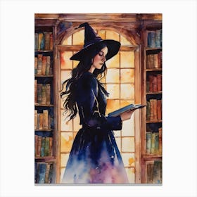 Library Witch - Scholar Sage Yennefer Reading Magical Spell Books in the Citidel Style Wisdom Keeping - Pagan Witchy Fairytale Gallery Feature Wall Original Watercolor Artwork by Lyra the Lavender Witch Canvas Print