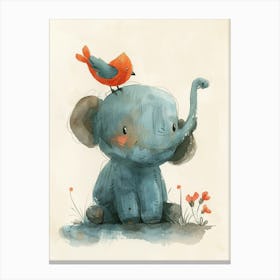 Small Joyful Elephant With A Bird On Its Head 3 Canvas Print