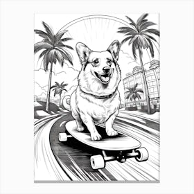 Corgi Dog Skateboarding Line Art 3 Canvas Print