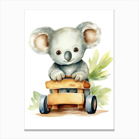 Baby Koala On A Toy Car, Watercolour Nursery 3 Canvas Print