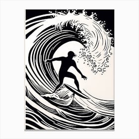 Surfer On A Wave Linocut Black And White Painting, into the water, surfing 1 Canvas Print