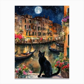 Black Cat in Venice -Iconic Canals of Venice At Night on a Full Moon Italian Cityscapes Italy Flowers Traditional Watercolor Art Print Kitty Travels Home and Room Wall Art Cool Decor Klimt and Matisse Inspired Modern Awesome Cool Unique Pagan Witchy Witches Familiar Gift For Cat Lady Animal Lovers World Travelling Genuine Works by British Watercolour Artist Lyra O'Brien  Canvas Print