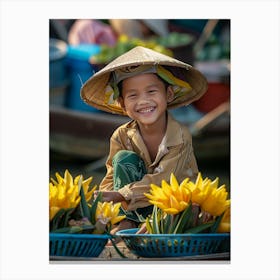 Boy Smiles At The Flower Market Canvas Print