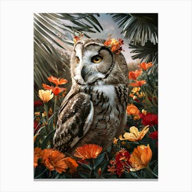 Owl In Flower Garden Canvas Print