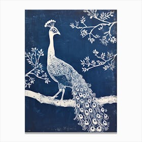 Navy Blue Linocut Inspired Peacock In A Tree 4 Canvas Print