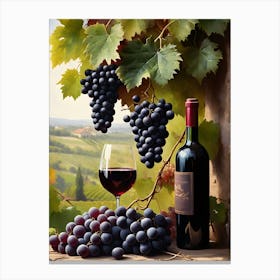 Vines,Black Grapes And Wine Bottles Painting (13) Canvas Print